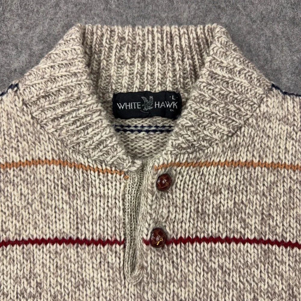 VTG White Hawk Striped Sweater Mens Large Chunky Knit Mock Neck 80s Ski Cabin